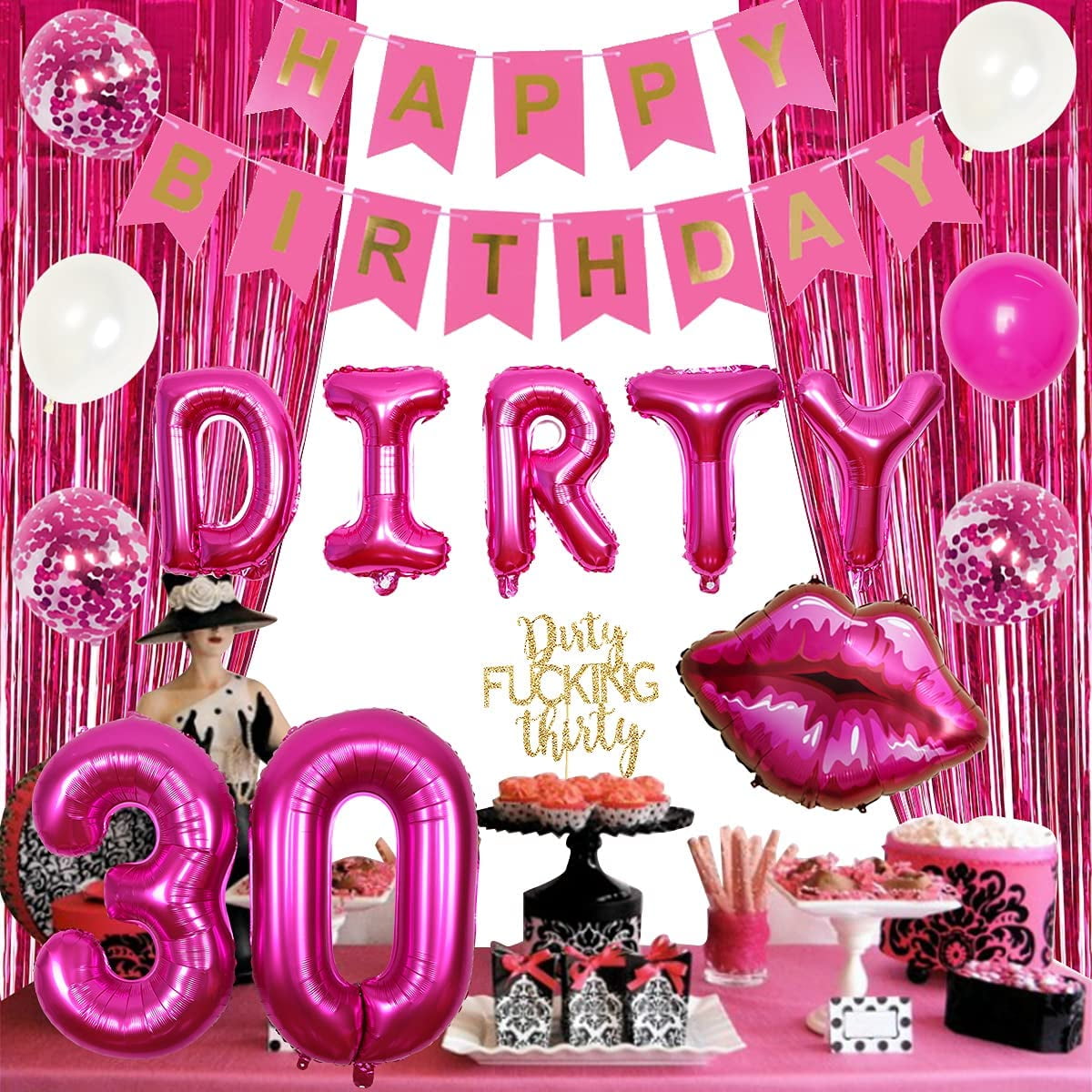 30th Birthday Party Decorations for Her Hot Pink Dirty Thirty Banner Balloon Dirty 30 Sash Cake Topper for 30 Years Old Birthday Party Supplies, Hot Pink 30th Birthday Decorations for Women - Walmart.com